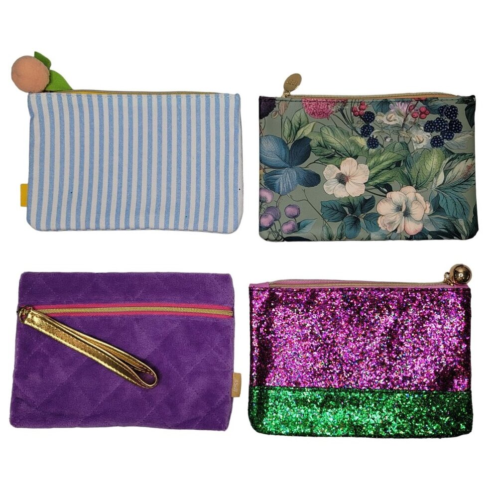 Ipsy cosmetic bag set of 4 NEW no makeup included purple, floral, glitter, flora